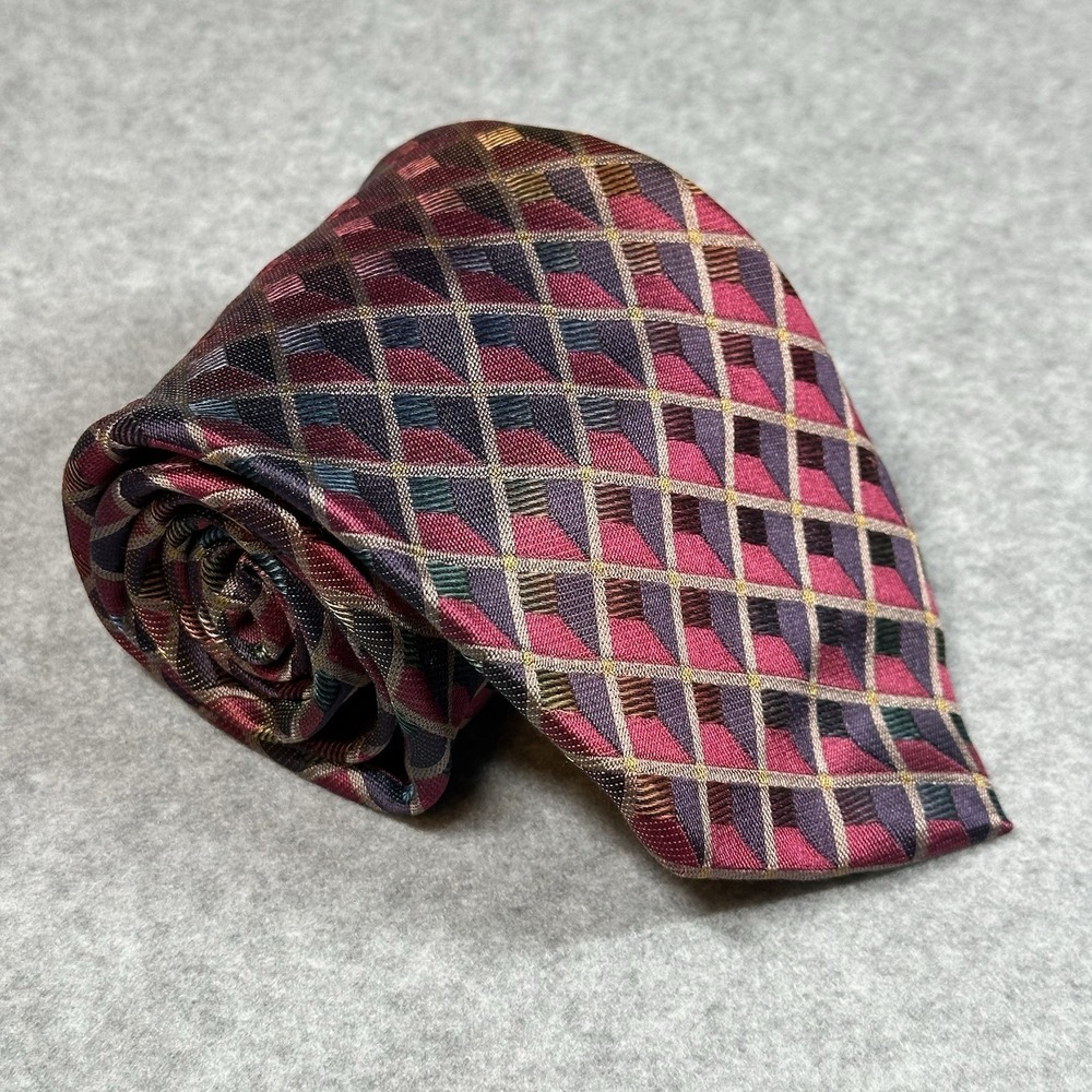 Vintage Pavone Italy Silk Geometric Tie Red Multicolor Designer Necktie 58x3.6"